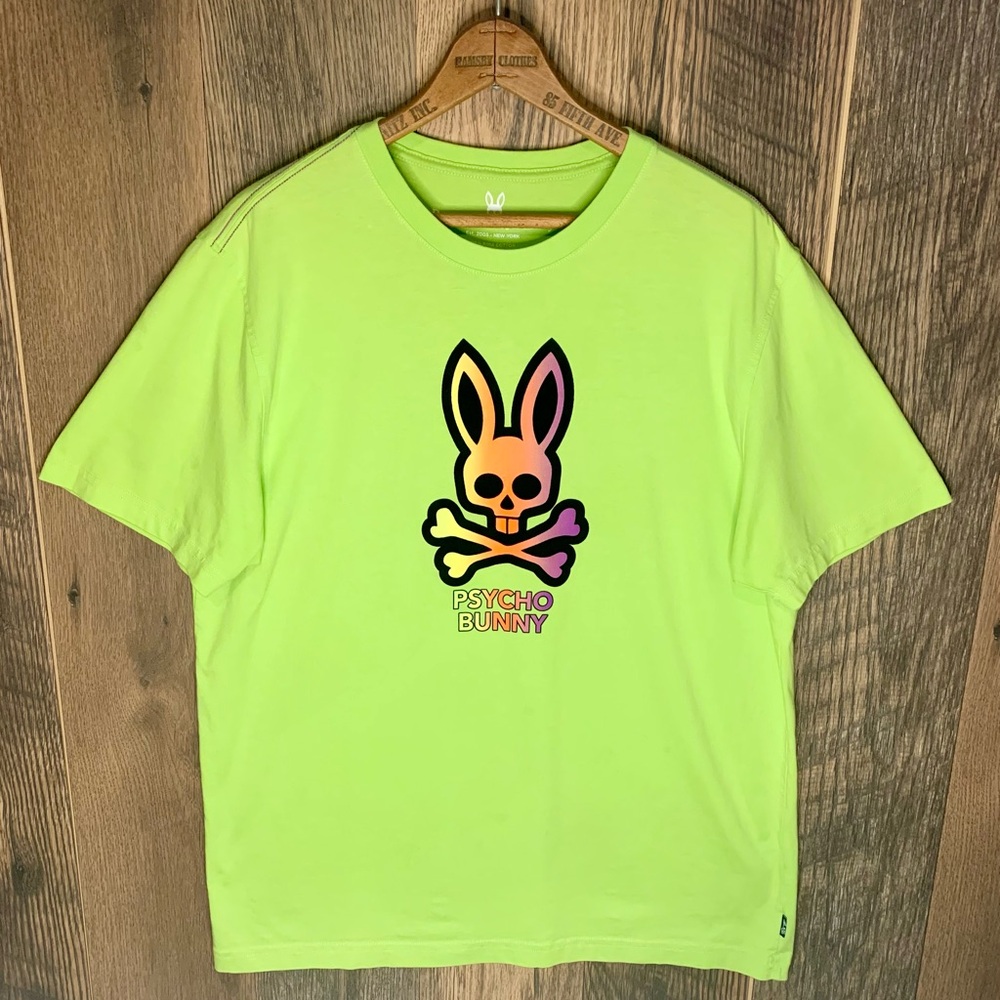 Psycho Bunny Men's Acid Lime Green Dylan Gradient Bunny T-Shirt Size 6 (Large)